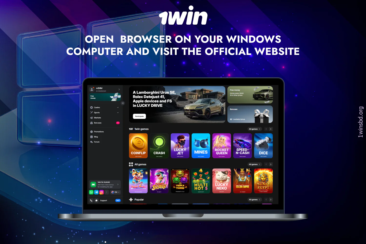 To download and install the 1win app for PC, users from Bangladesh should visit the casino website in a browser