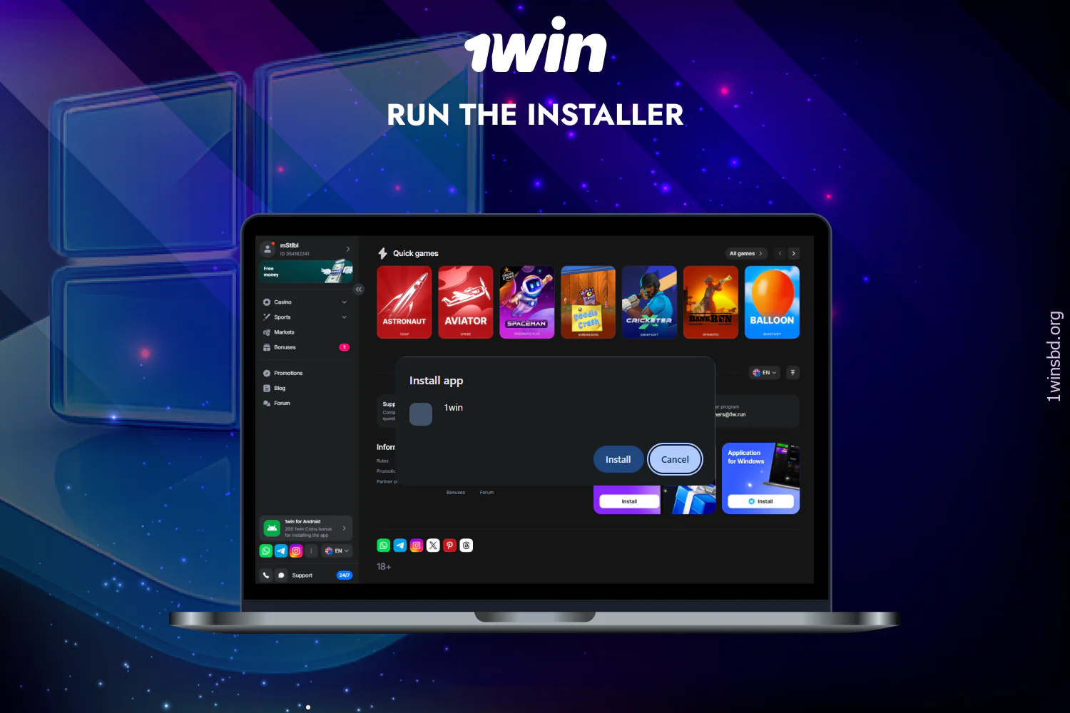 Launch the 1win application installation by opening the downloaded file in your Downloads folder