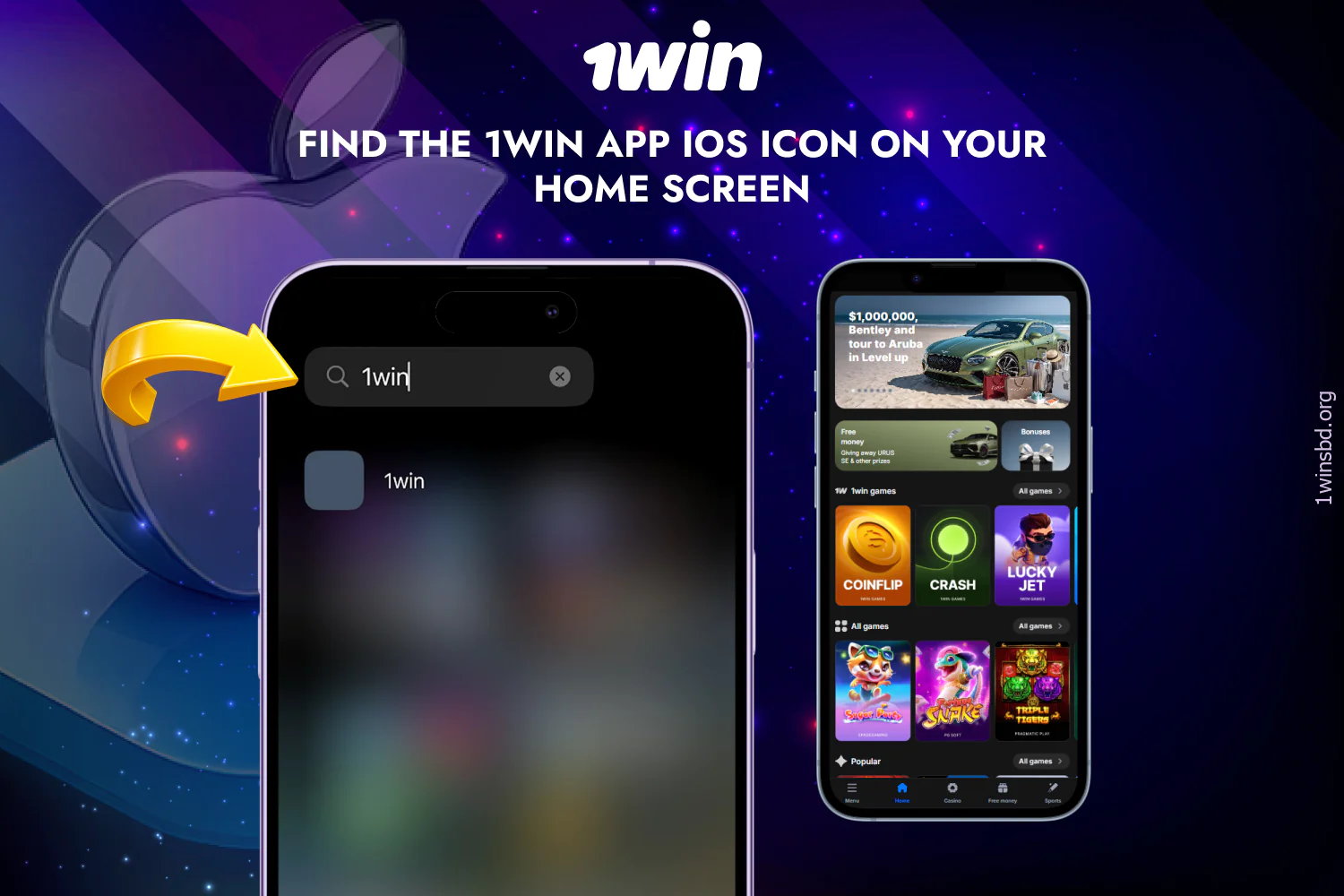 Once the process is complete, locate the 1win app icon on your home screen