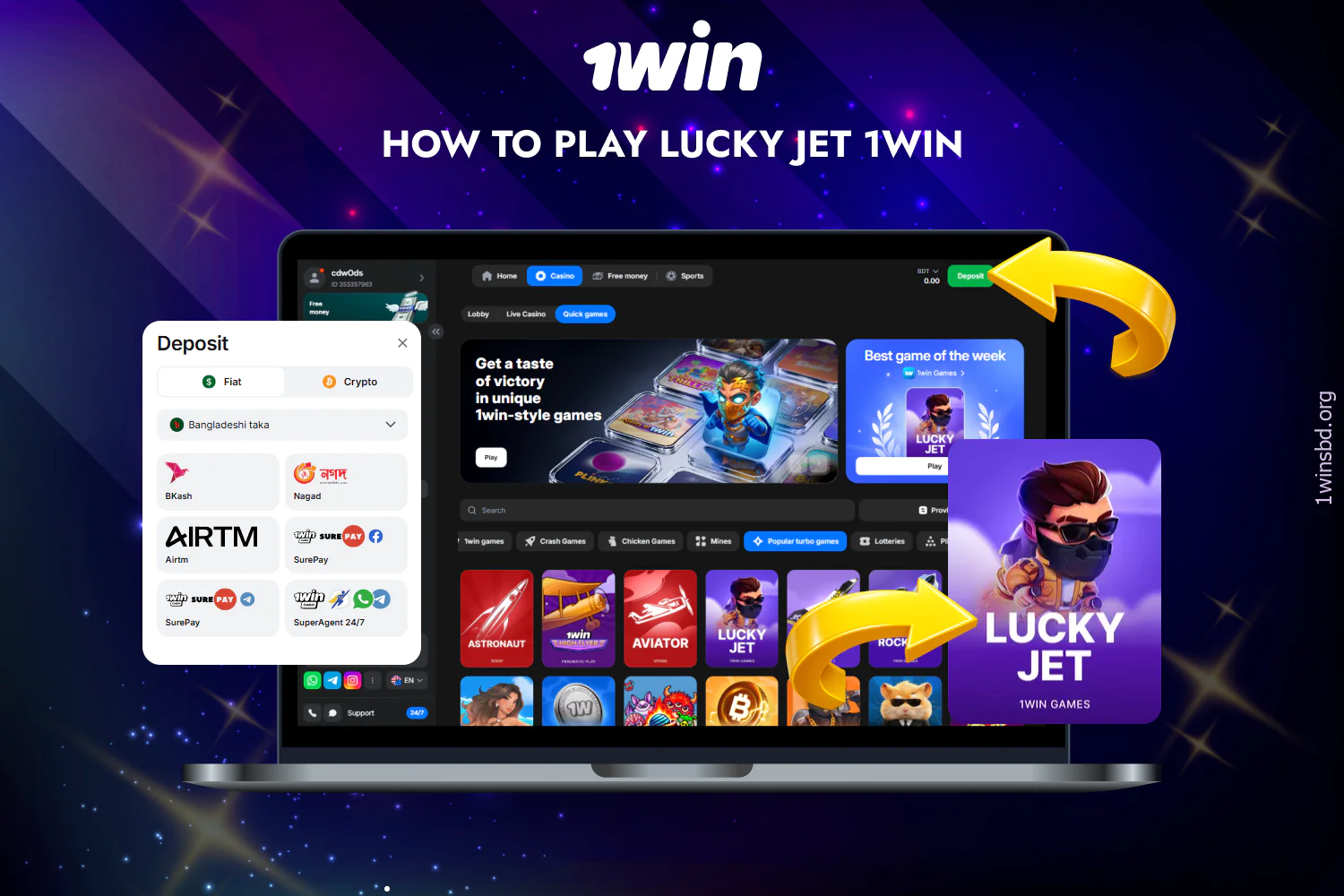 In order to play 1 win lucky jet, a player from Bangladesh needs to follow a few steps