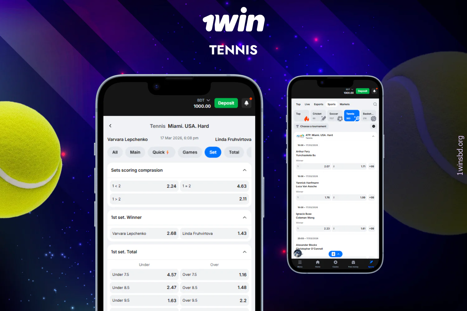 1win offers players from Bangladesh a wide range of tennis bets in the Sports section